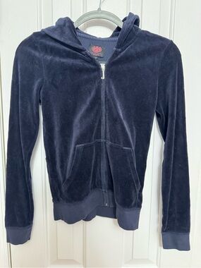 Back to school Juicy Couture Black Label Navy Velour Zip Hoodie Youth Size 14 Y2